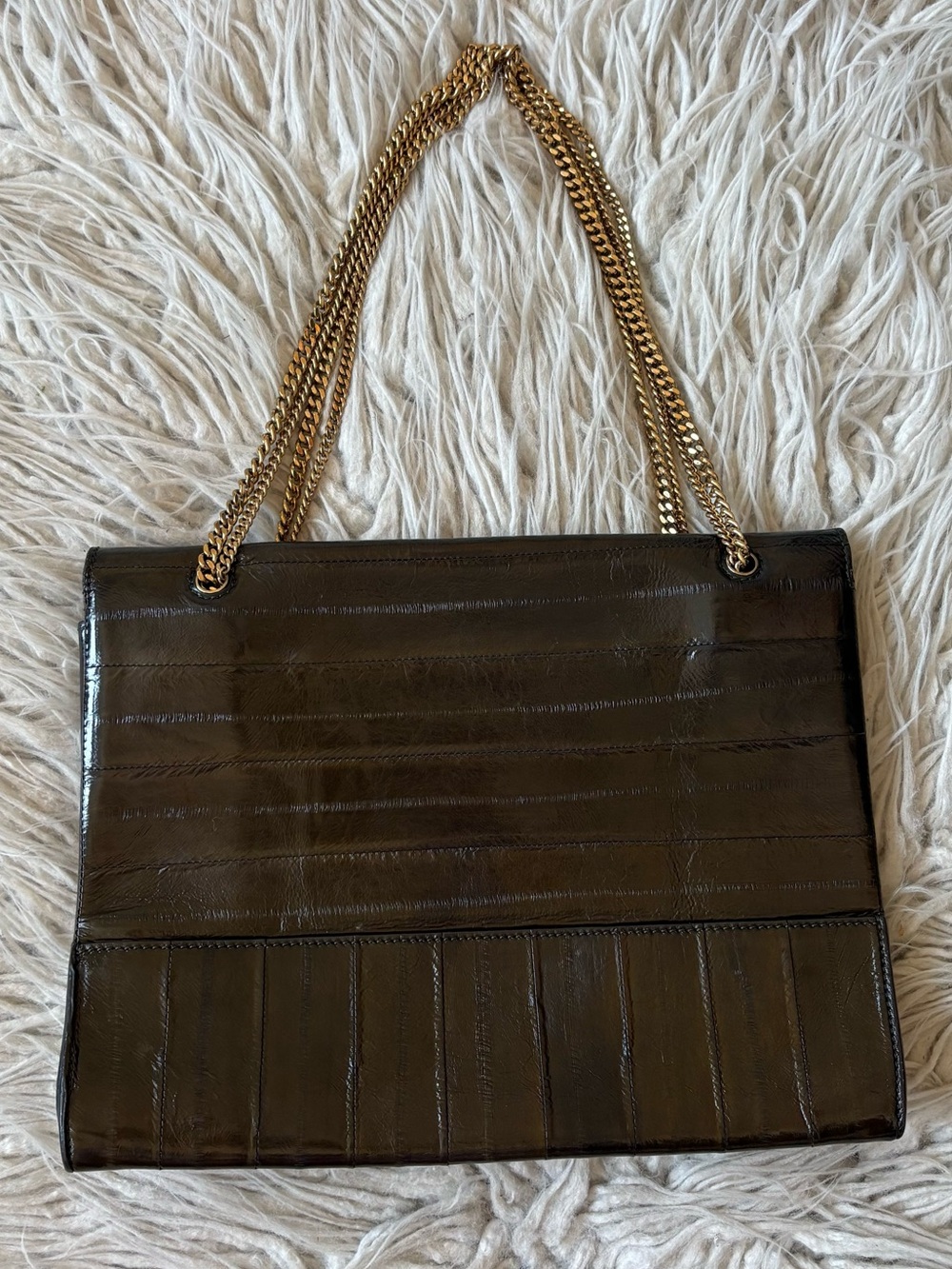 Nina Ricci Vintage Single Flap Convertible Eel Skin Brown Green Shoulder Bag EUC - Picture 2 of 10